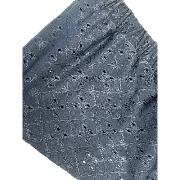 Navy Off-Shoulder Smocked Mini Dress Eyelet Design Ruffled Neckline Lace Hem  M - Picture 6 of 16